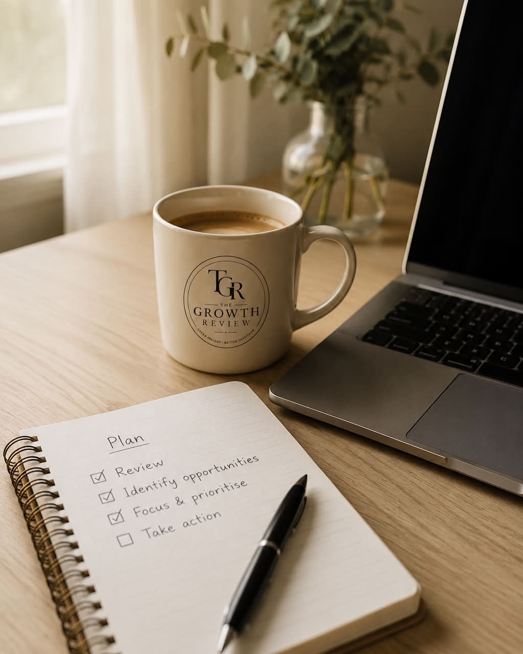 A notebook with a plan written out, beside a coffee and laptop